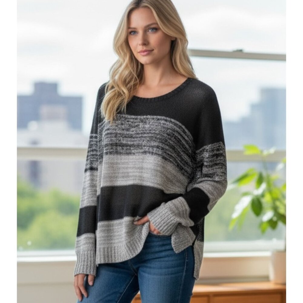 Eileen Fisher Linen Sweater Gray Ombre Stripe Organic Knit Long Sleeve Women's M